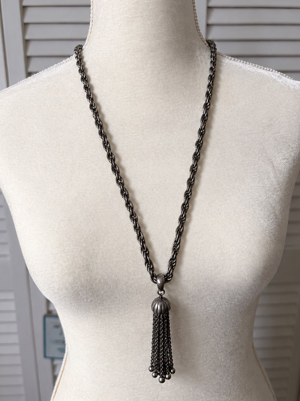 Long Oxidized Silver Tassel Statement Necklace